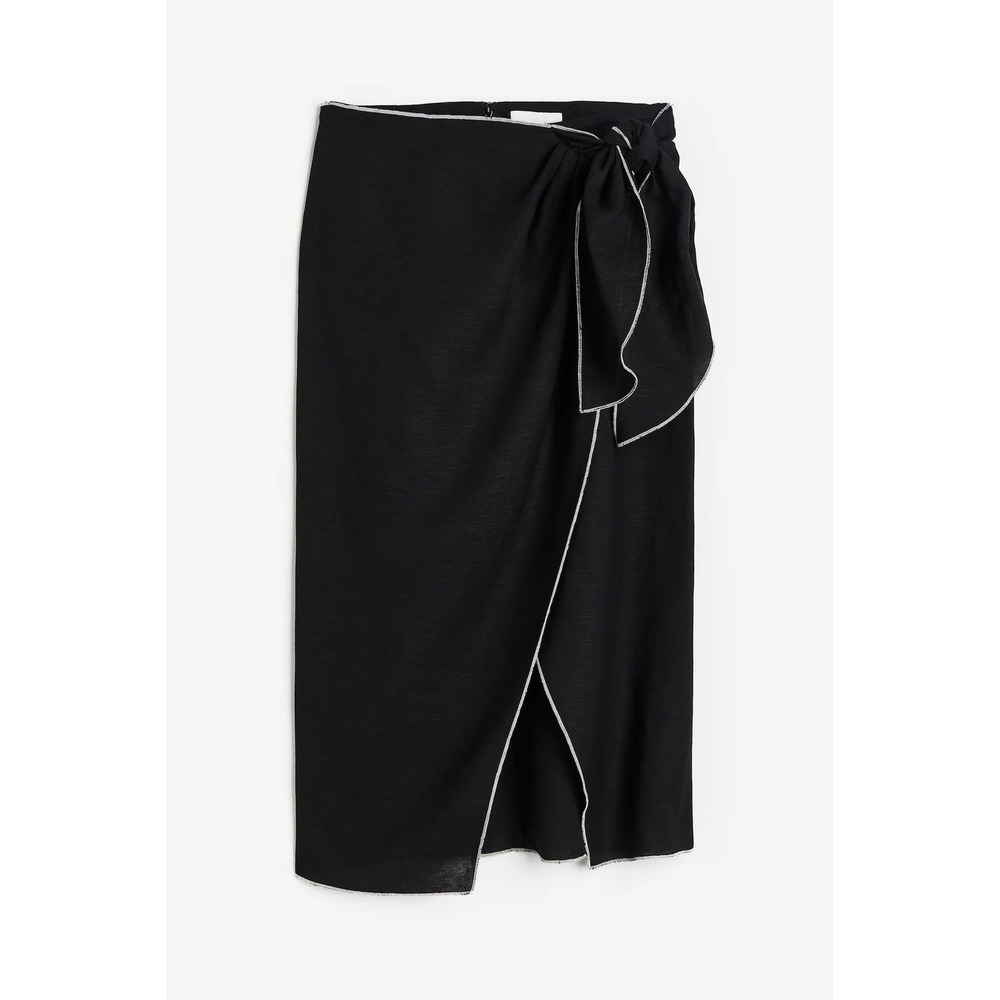 HM Black Linen Blend Wrap Midi Skirt with Contrast Stitching Side Tie Size 18